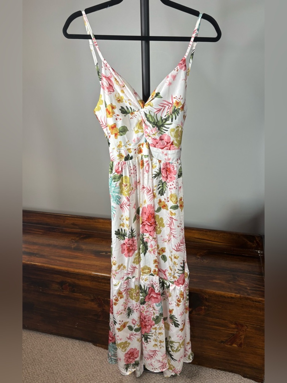 Floral V-Neck Spaghetti Strap Maxi Dress - White with Pink & Green Floral
